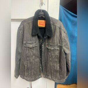 Levi’s Type III Sherpa Trucker Jacket Men XXL Black Wash Denim Workwear Western